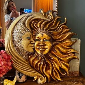 Venetian Sun and Moon embraced mask paper-mache wall art. 26x26x4” light weight.
